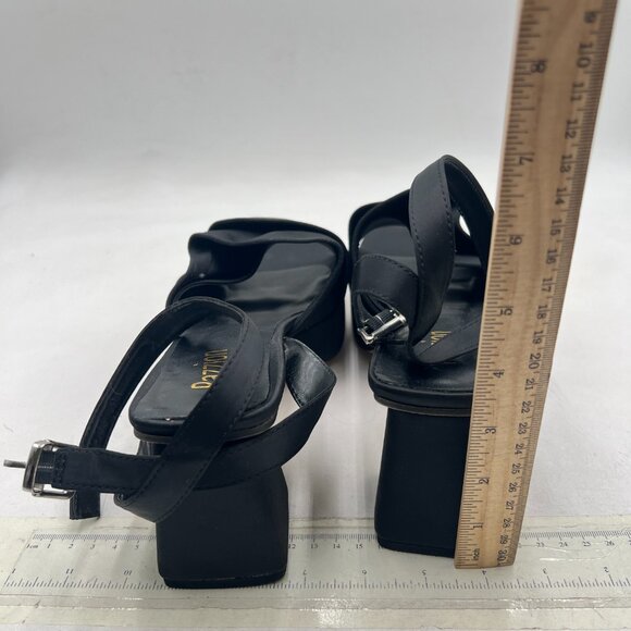 Pazzion Black Satin Platform Square Toe Pleated Ruffle Sandal Block Heel Shoes - Picture 5 of 8